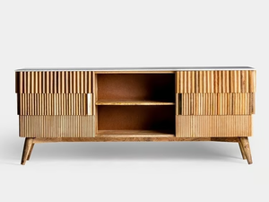 PLISSÉ WOOD - Mango and marble TV cabinet with doors _ Vical Home